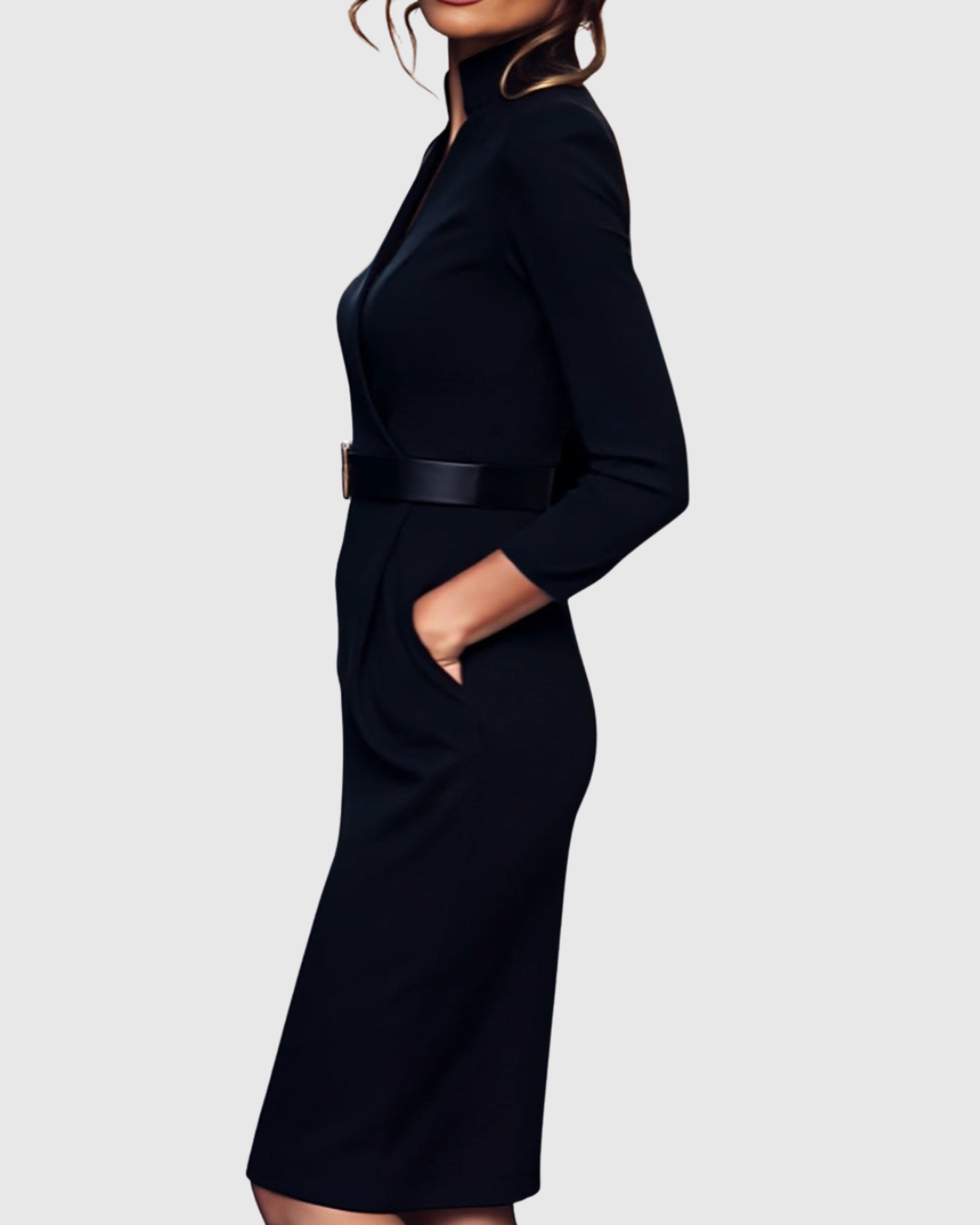 Elegant long-sleeve tailored midi dress for women | Claribel -3