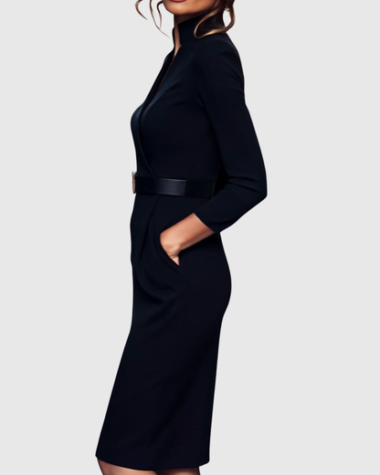 Elegant long-sleeve tailored midi dress for women | Claribel -3