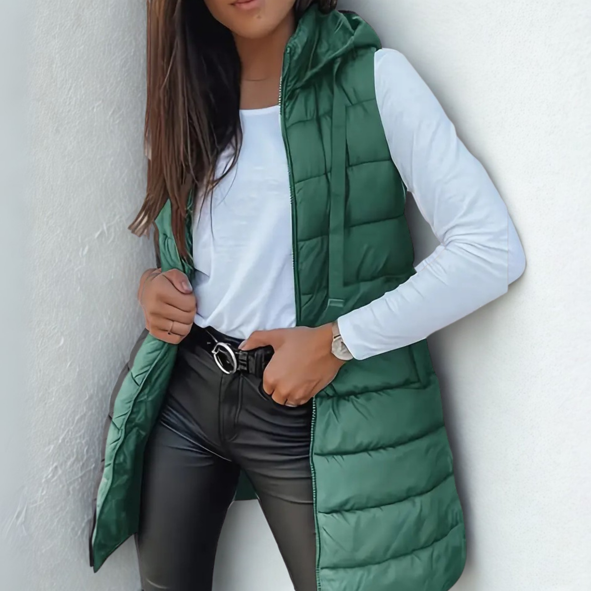 Casual sleeveless hooded long puffer for women | Rain -6