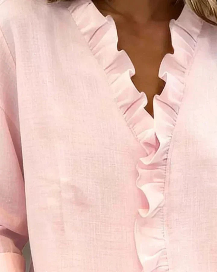 Blouse with ruffled V-neck and long sleeves for women | Indie
