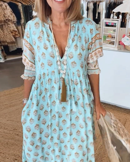 Printed V-neck half sleeve dress for women | Verona -3