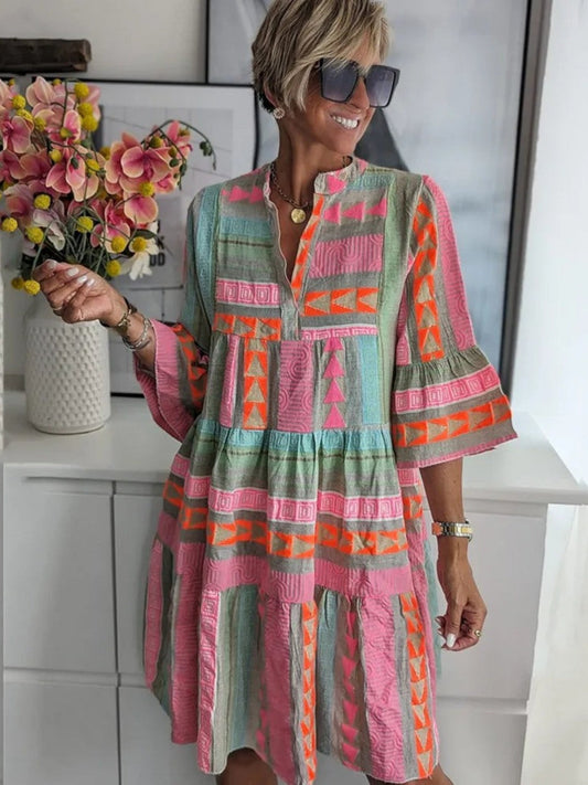 Chic V-neck cotton hemp summer dress for women | Ava