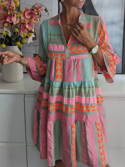 Chic V-neck cotton hemp summer dress for women | Ava