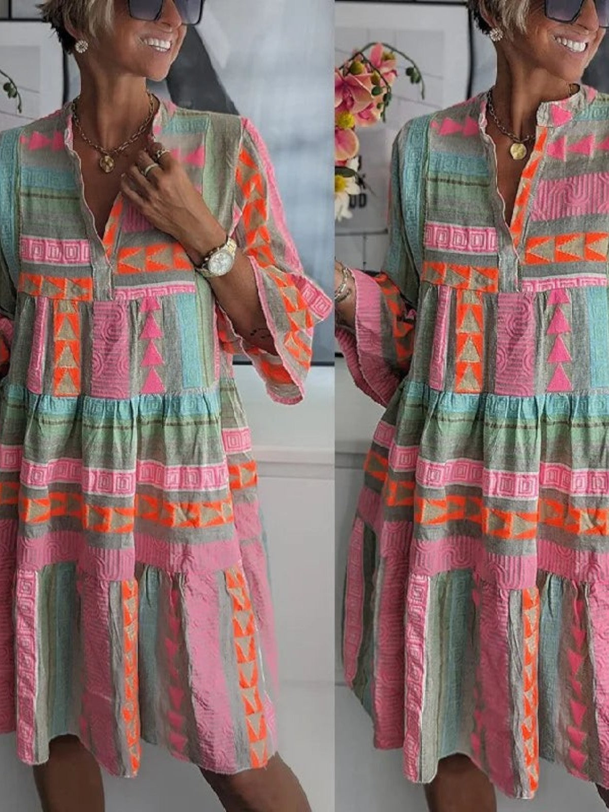 Chic V-neck cotton hemp summer dress for women | Ava