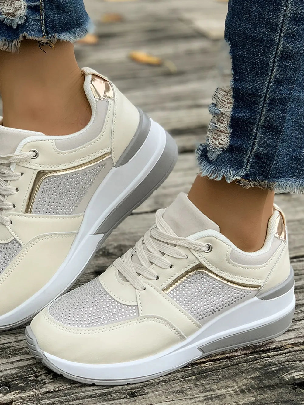 Rhinestone accent platform trainers for women -4
