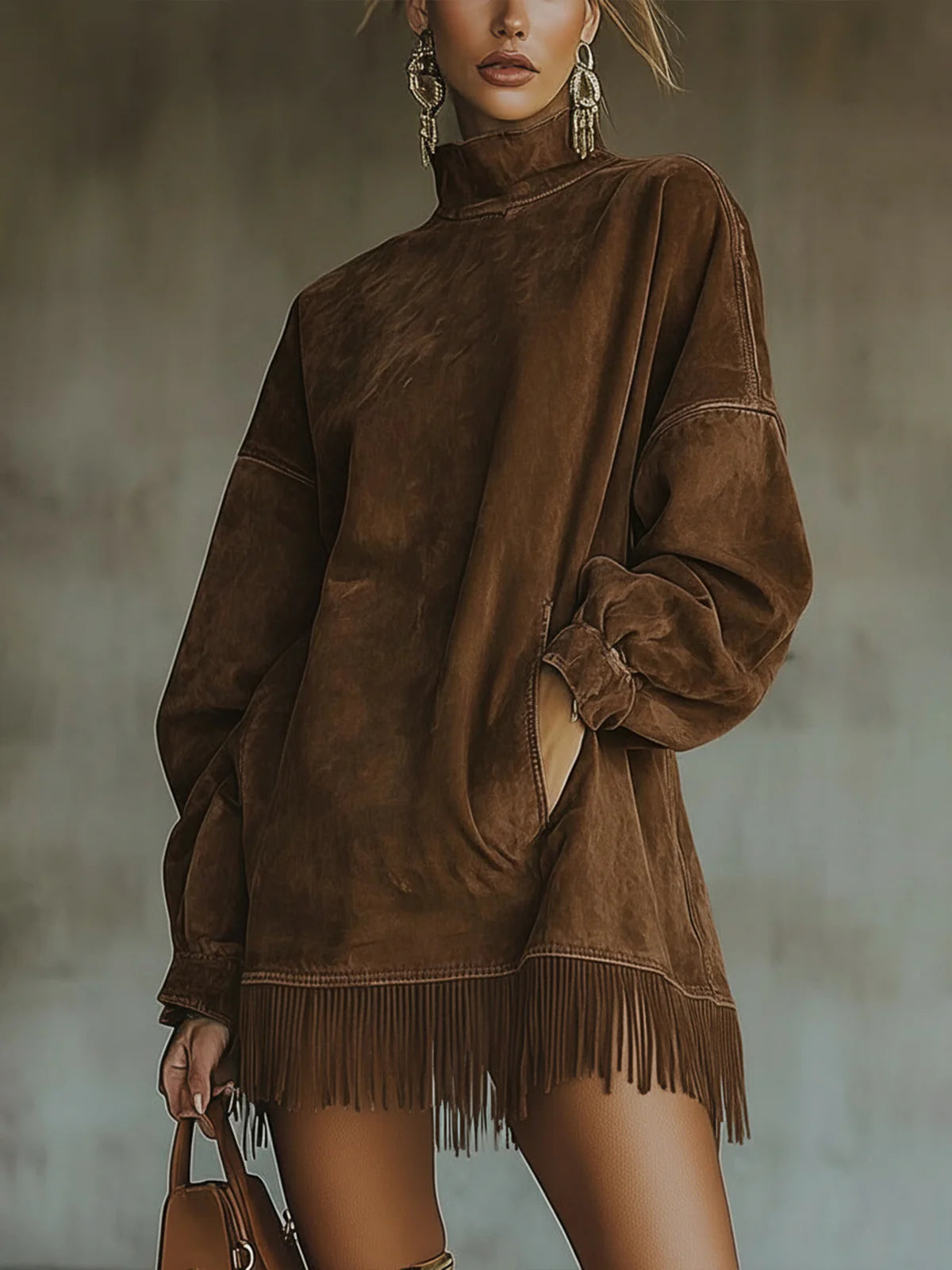 Faux suede fringe hem turtleneck jumper for women | Marlowe -2