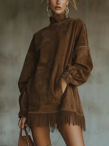 Faux suede fringe hem turtleneck jumper for women | Marlowe -2