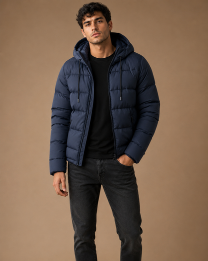 Hooded puffer jacket with zipper pockets for men | Grayson