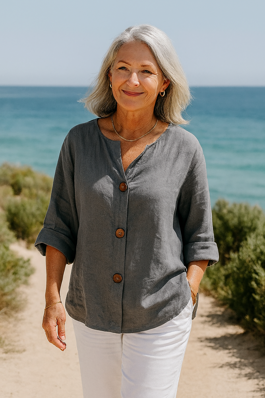 Cotton-linen button blouse for women | Sage