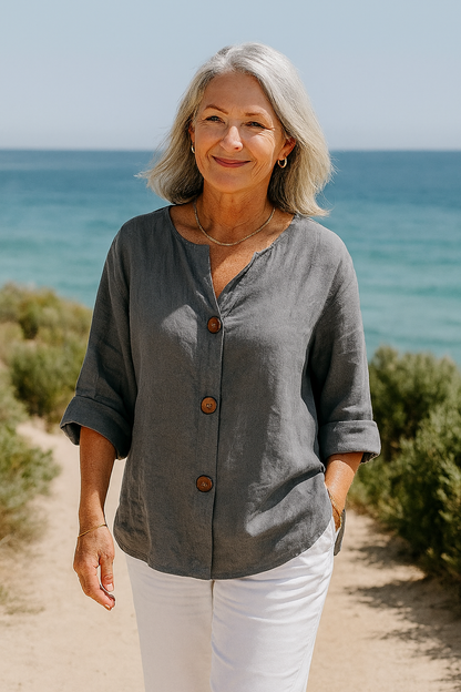 Cotton-linen button blouse for women | Sage