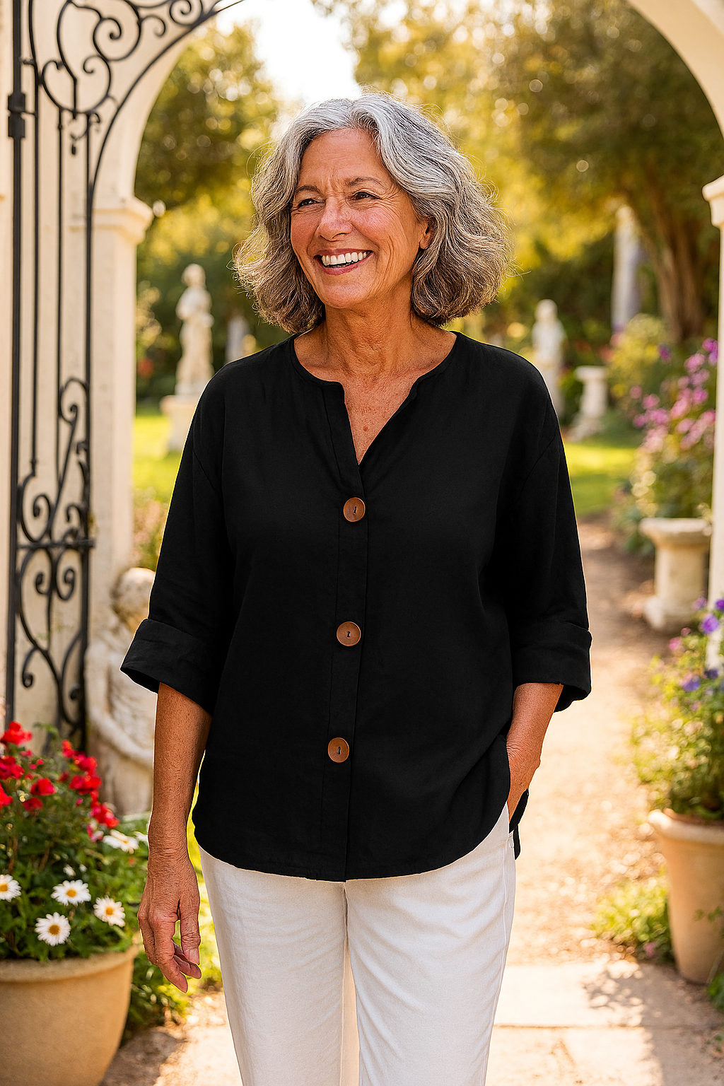 Cotton-linen button blouse for women | Sage