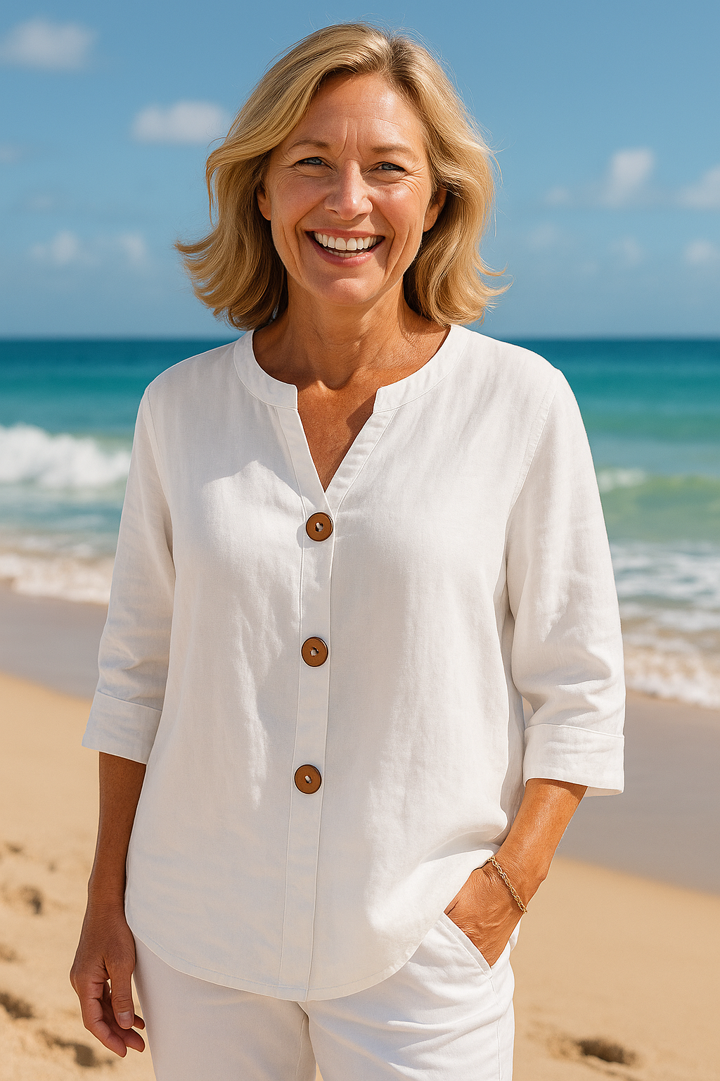 Cotton-linen button blouse for women | Sage