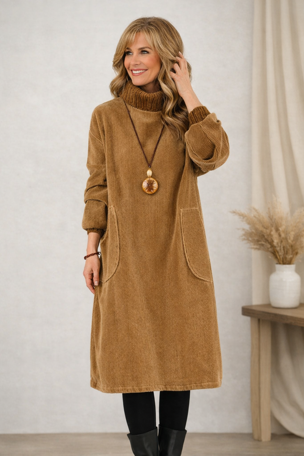 Cosy turtleneck knit midi sweater dress for women | Evelyn -3