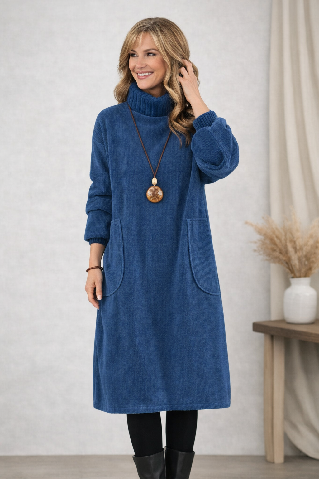 Cosy turtleneck knit midi sweater dress for women | Evelyn -1
