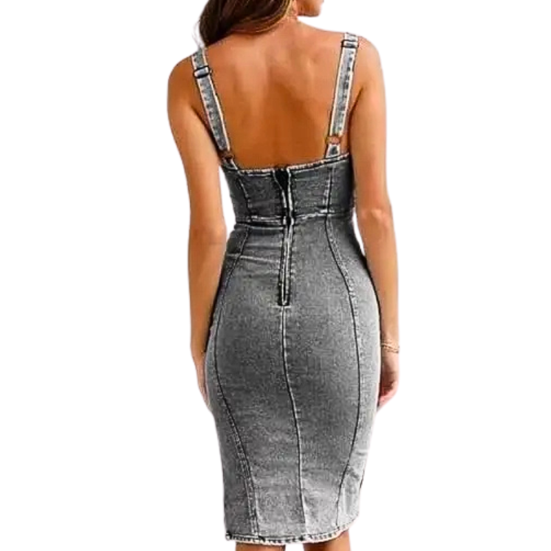 Slim-fit denim side-slit midi dress for women | Tatiana -4