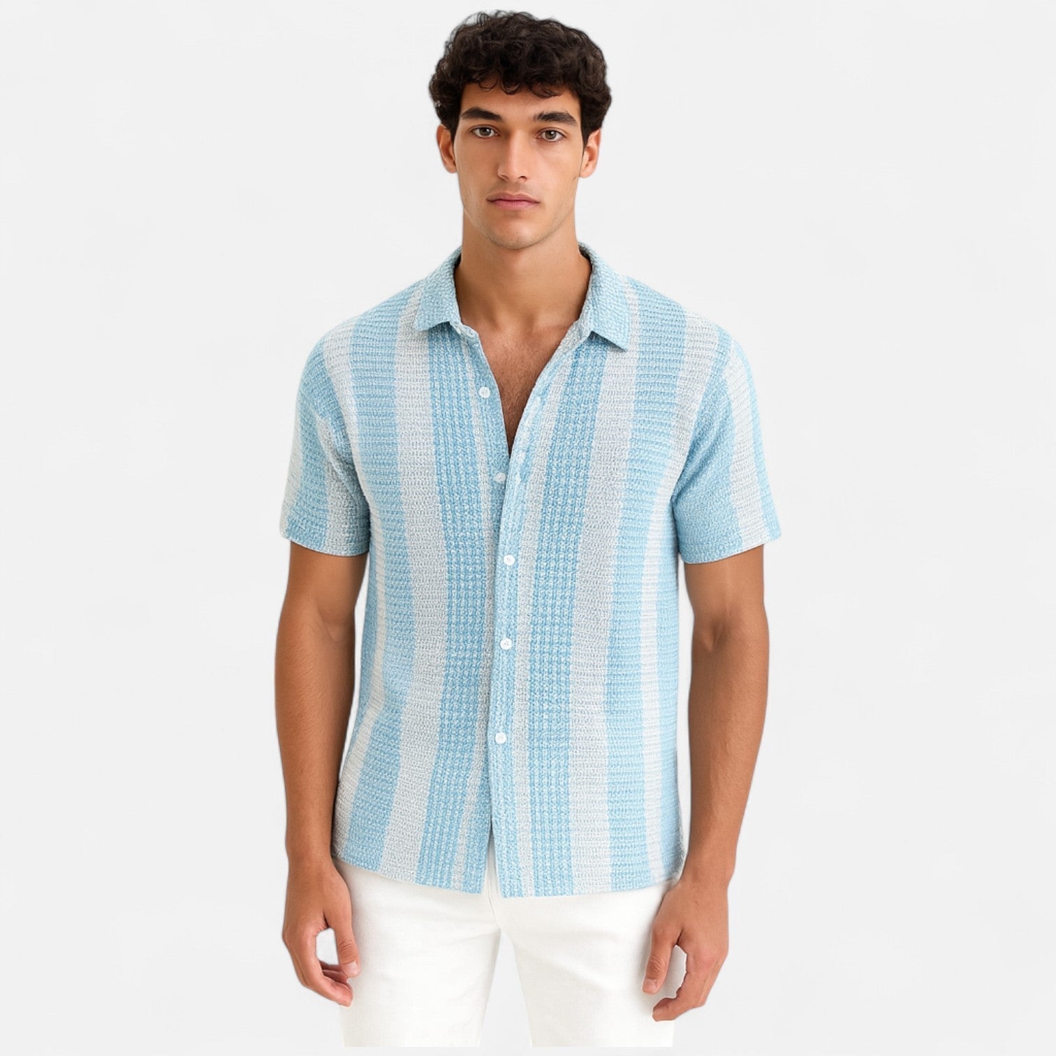 Classic striped button-front warm-weather shirt for men -4