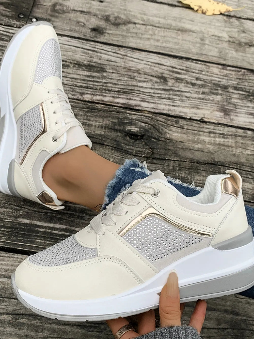 Rhinestone accent platform trainers for women -5