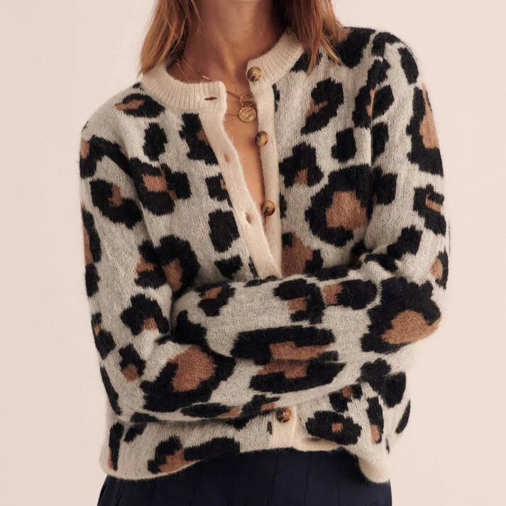 Leopard print button front cardigan for women | Serena -8