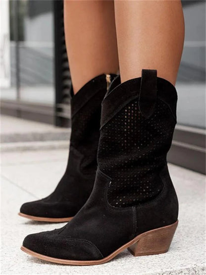 Western daim heeled bloc chic boots for women | Janna -5