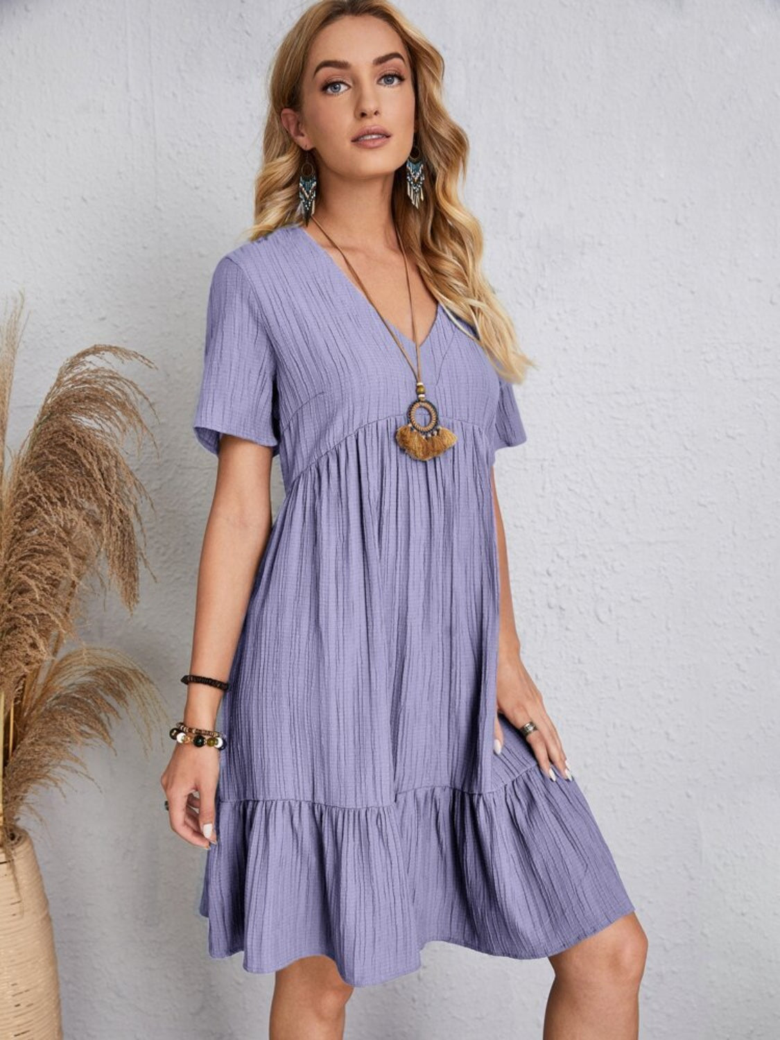Dress summer flared full V-neck short for women | Ella -13