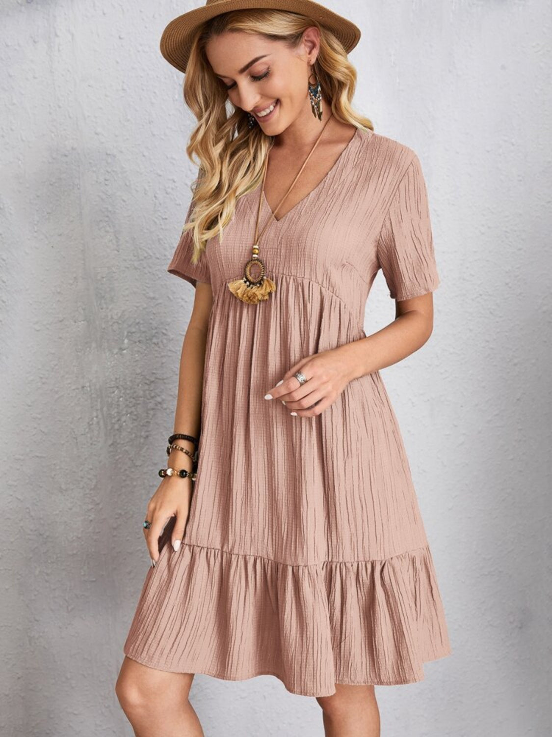 Dress summer flared full V-neck short for women | Ella -18