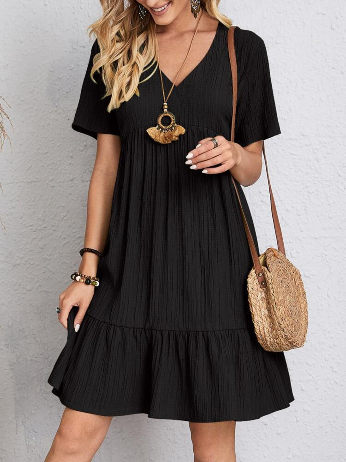Dress summer flared full V-neck short for women | Ella -10
