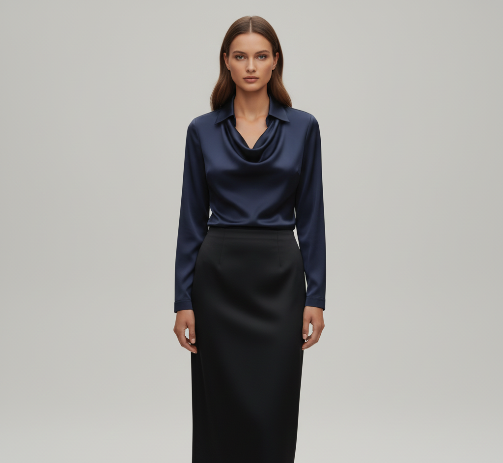 Elegant satin blouse with soft draped collar for women | Valerios