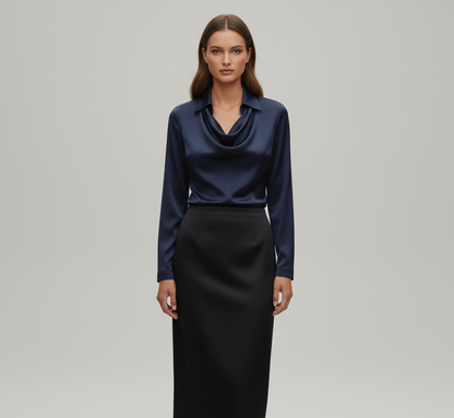 Elegant satin blouse with soft draped collar for women | Valerios