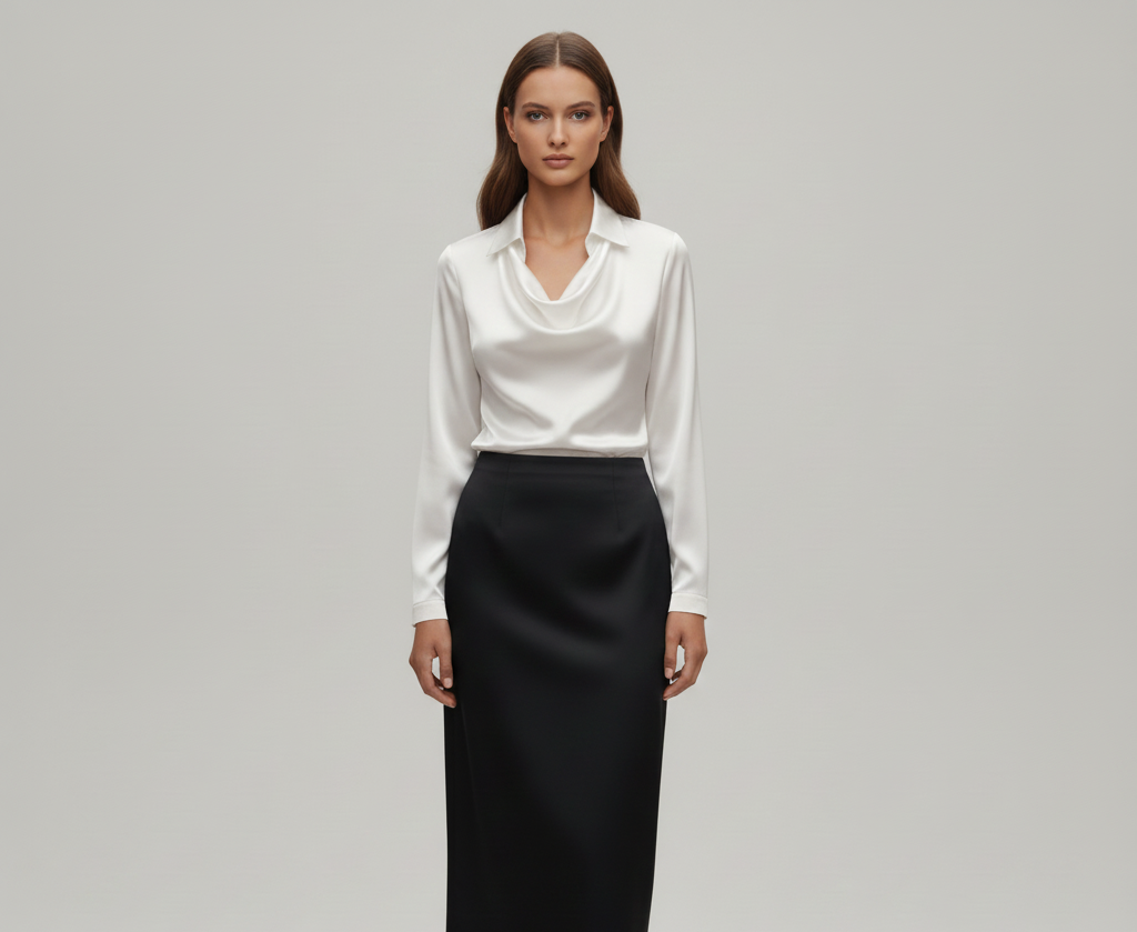 Elegant satin blouse with soft draped collar for women | Valerios