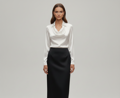 Elegant satin blouse with soft draped collar for women | Valerios