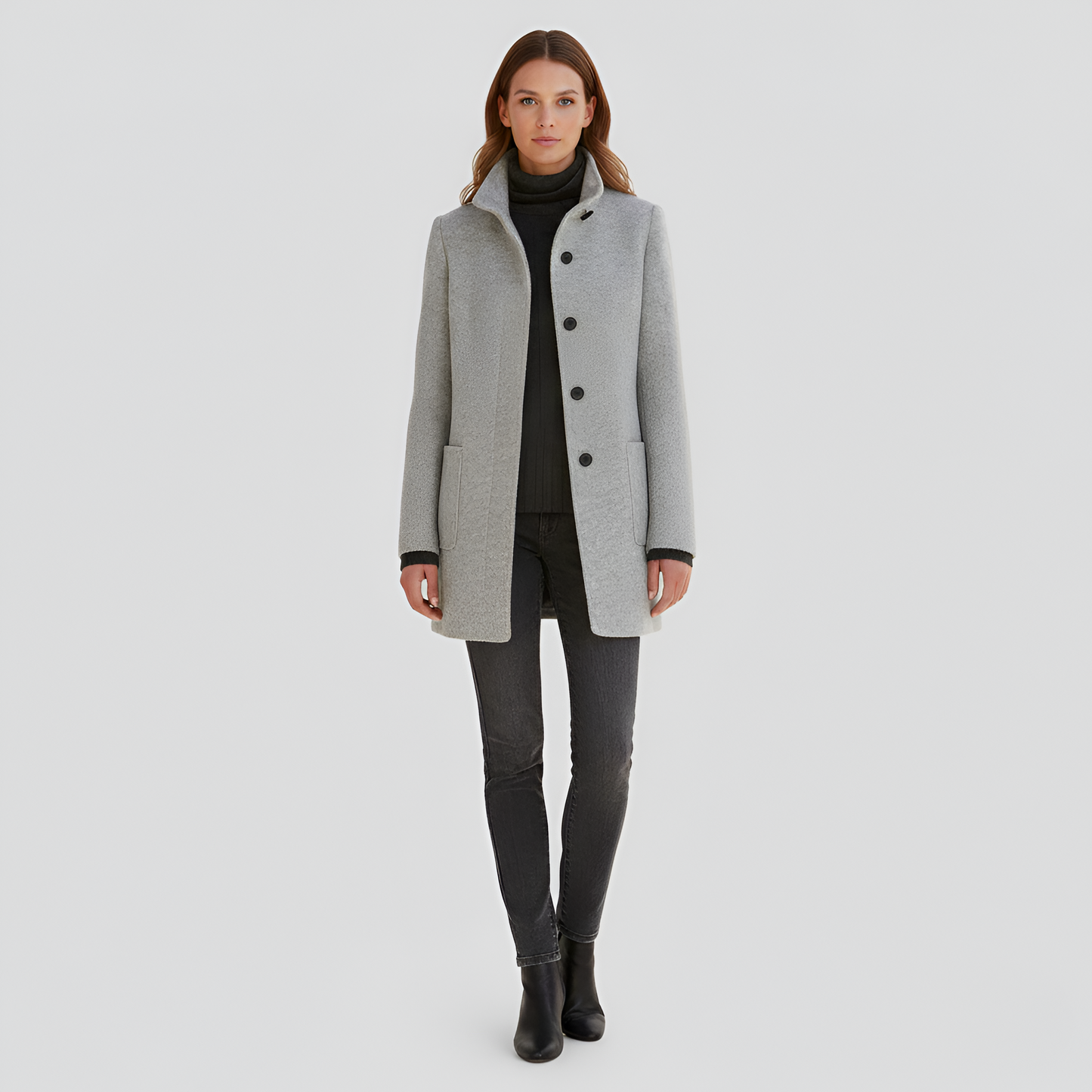 Elegant button-front coat with high collar for women | Valerios