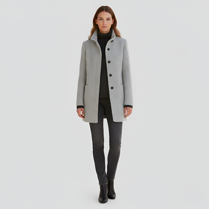 Elegant button-front coat with high collar for women | Valerios