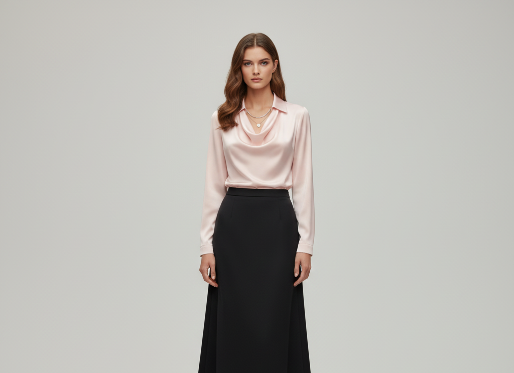 Elegant satin blouse with soft draped collar for women | Valerios