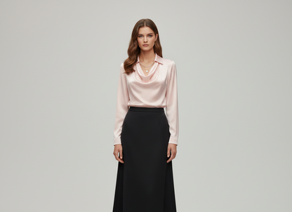 Elegant satin blouse with soft draped collar for women | Valerios