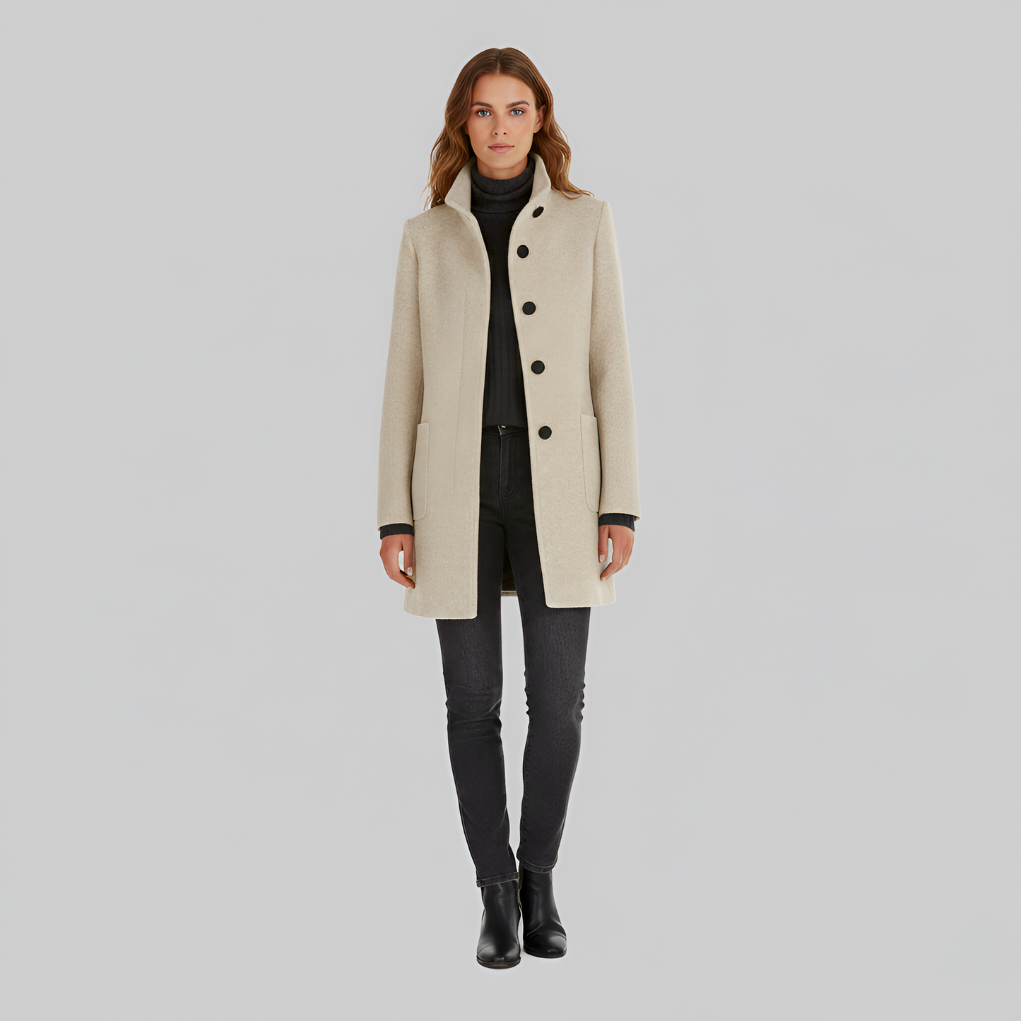 Elegant button-front coat with high collar for women | Valerios