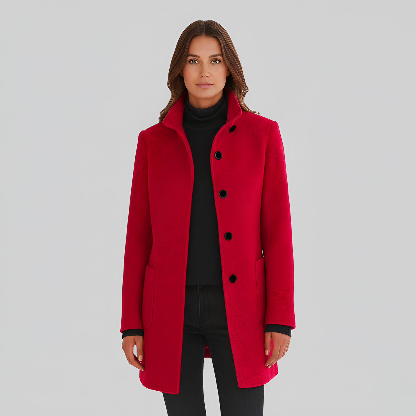 Elegant button-front coat with high collar for women | Valerios