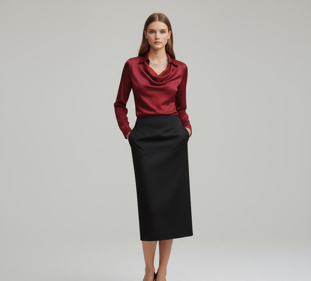 Elegant satin blouse with soft draped collar for women | Valerios