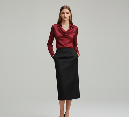 Elegant satin blouse with soft draped collar for women | Valerios