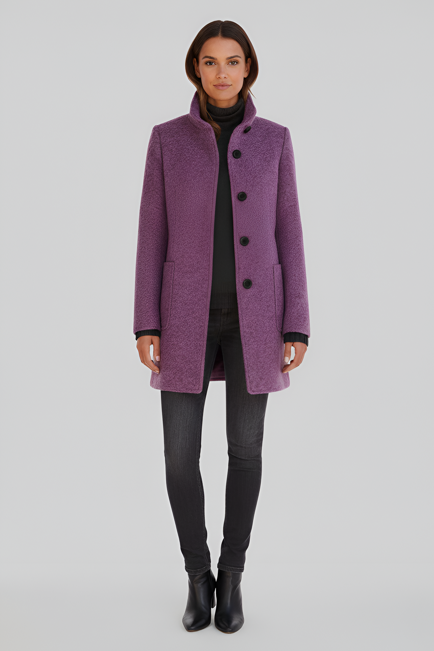 Elegant button-front coat with high collar for women | Valerios