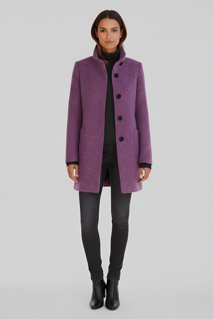 Elegant button-front coat with high collar for women | Valerios