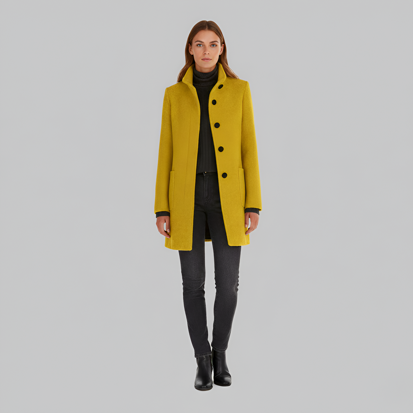 Elegant button-front coat with high collar for women | Valerios