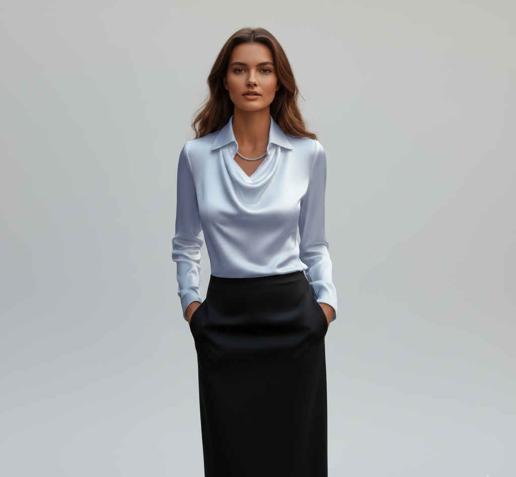 Elegant satin blouse with soft draped collar for women | Valerios
