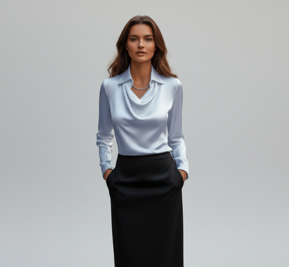 Elegant satin blouse with soft draped collar for women | Valerios
