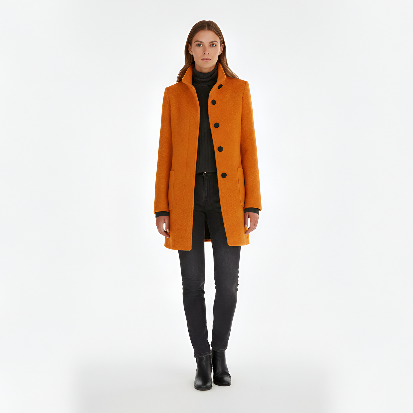 Elegant button-front coat with high collar for women | Valerios
