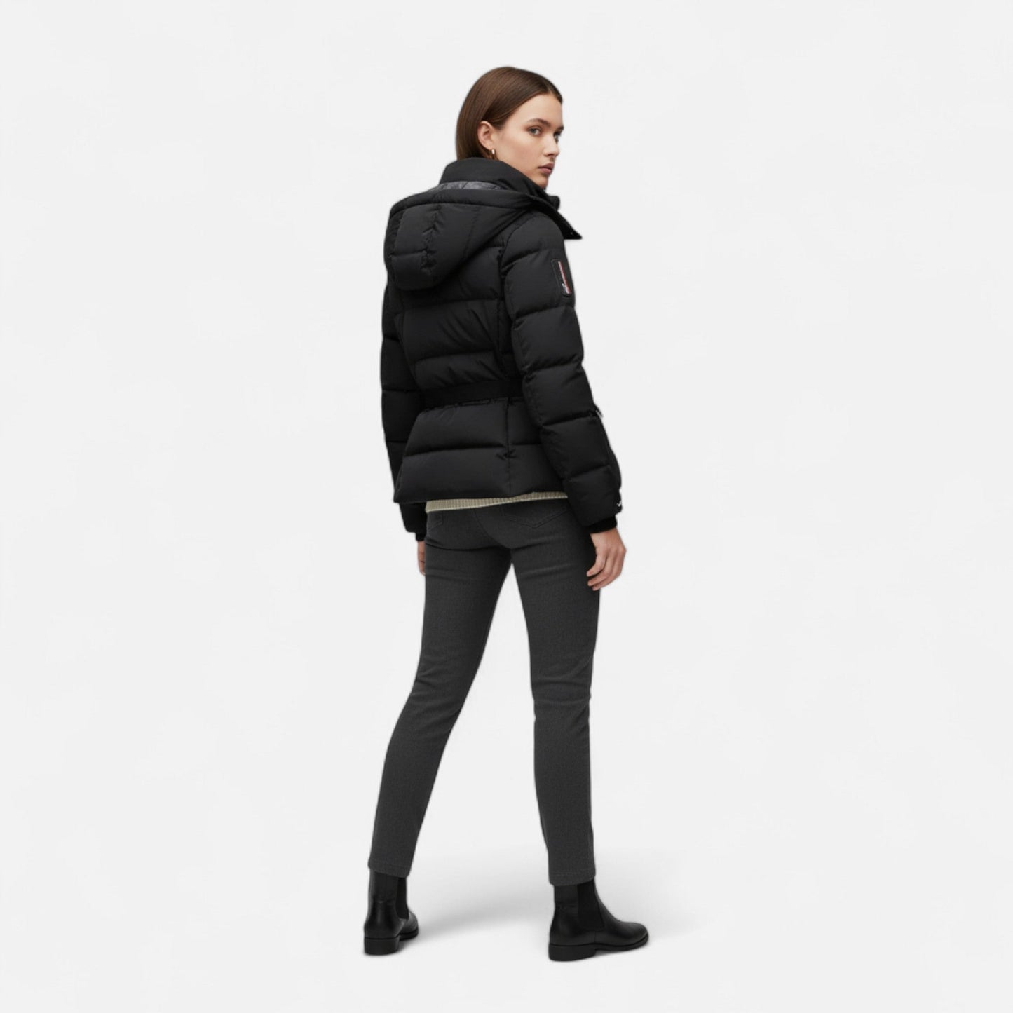Belted water-resistant elegant puffer jacket for women -5