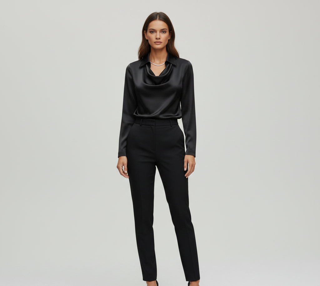Elegant satin blouse with soft draped collar for women | Valerios