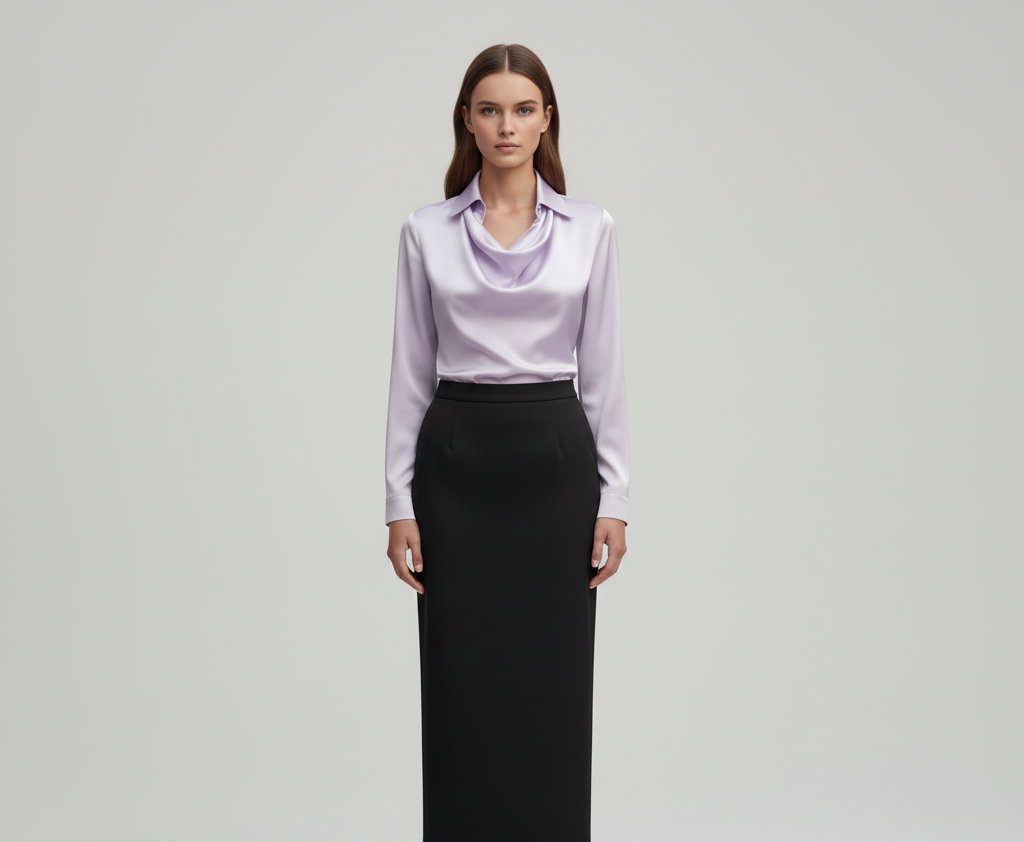 Elegant satin blouse with soft draped collar for women | Valerios