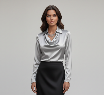 Elegant satin blouse with soft draped collar for women | Valerios