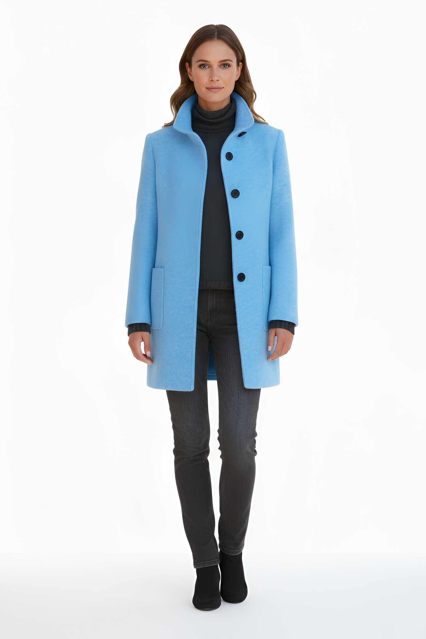 Elegant button-front coat with high collar for women | Valerios