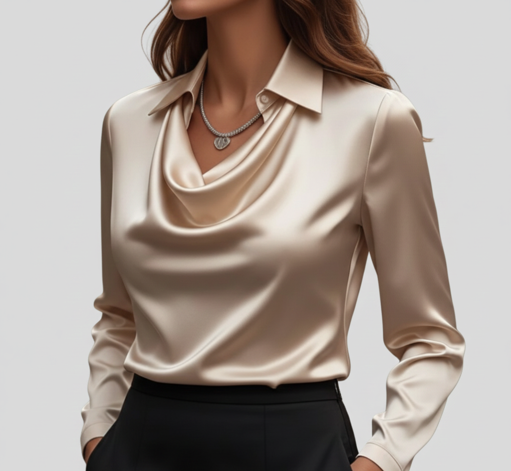 Elegant satin blouse with soft draped collar for women | Valerios